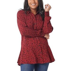 Susan Graver peachskin print long sleeve peplum top Plus Size 1X red stretch